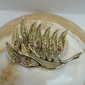 Vintage Tara Gold-Tone Leaf Branch Brooch with Aurora Crystal Accents